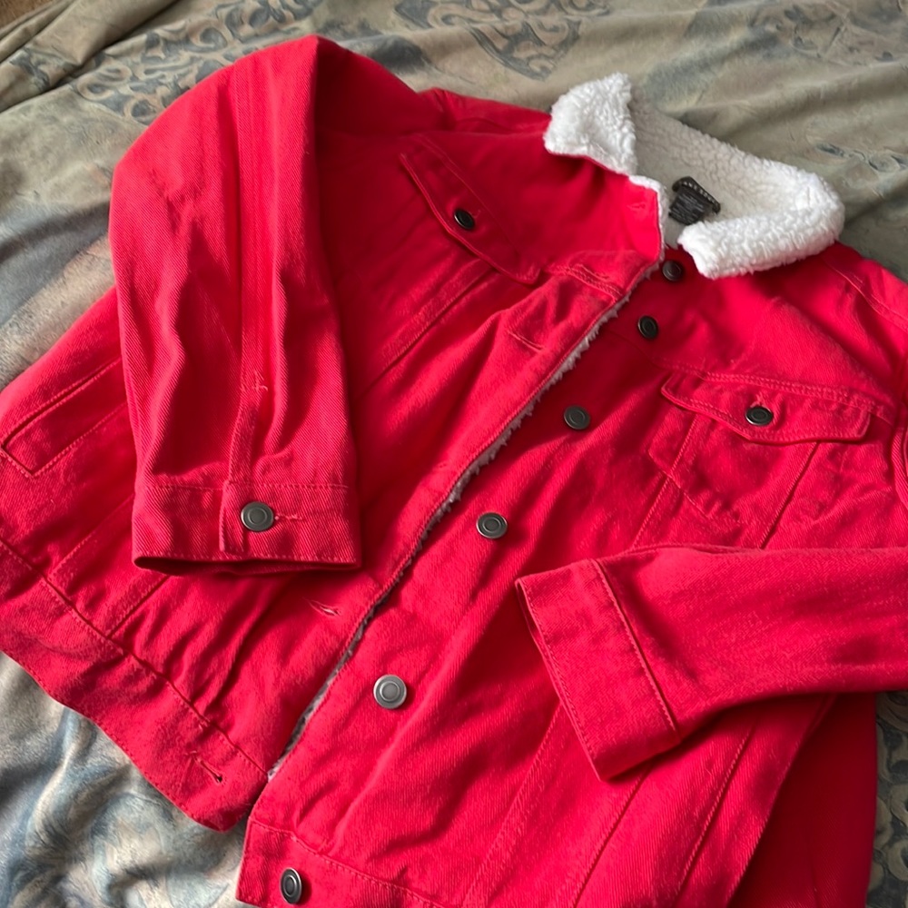 Red denim cozy Sherpa lined jacket